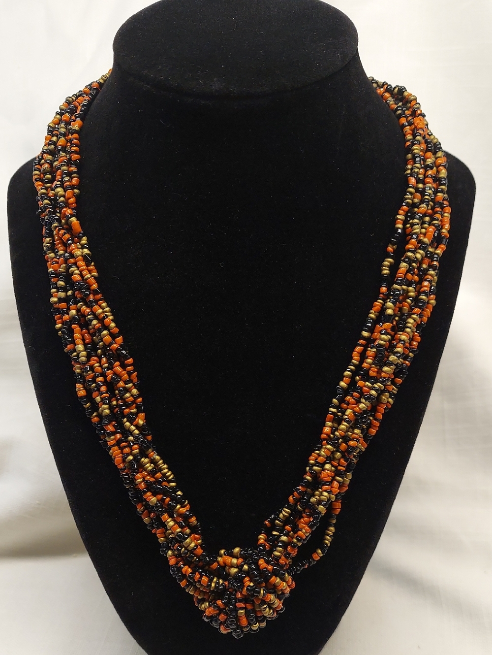 Modern Multi 10 Strand Coral Black Gold Tone Beaded Necklace 21" Long Knotted